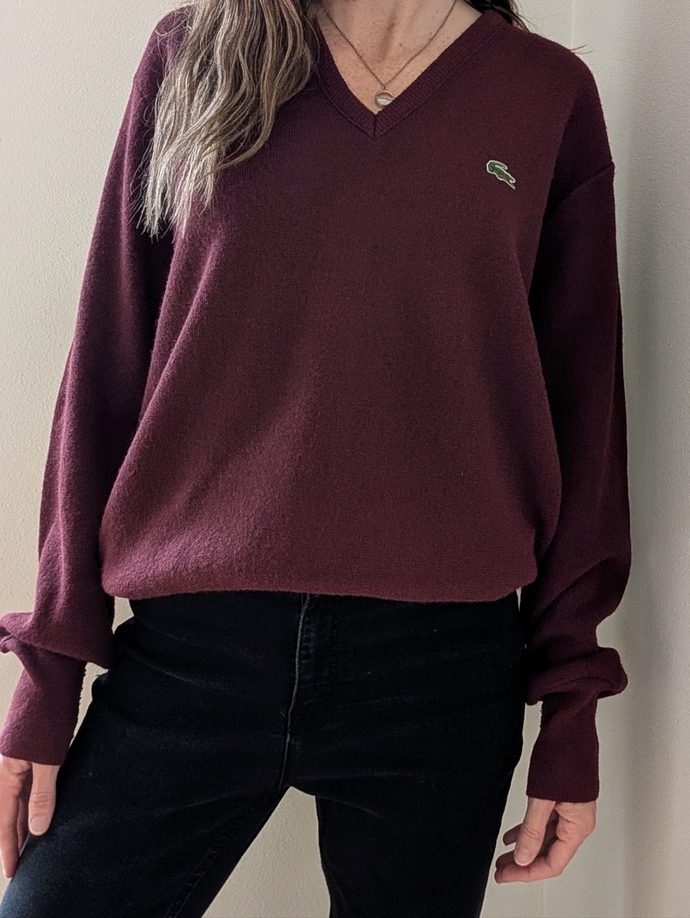 Vintage 80's Lacoste V-neck Embroidered Logo Sweater In Burgundy - L